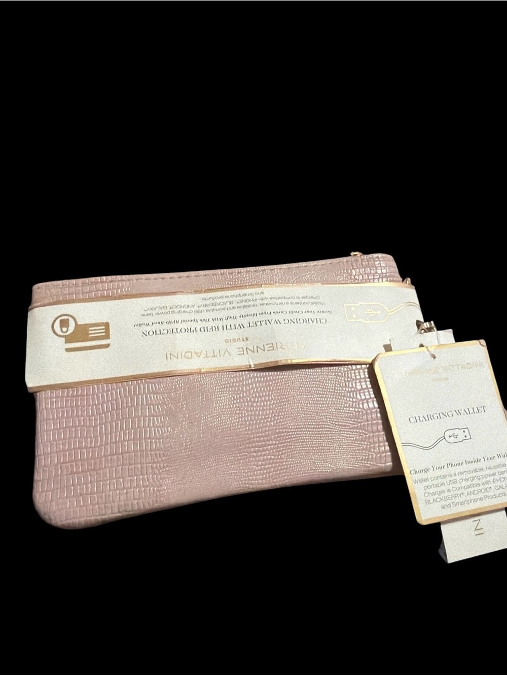 NWT Adrienne Vittadini Studio Charging Wallet W/RFID Protection Pink Lizard Tech